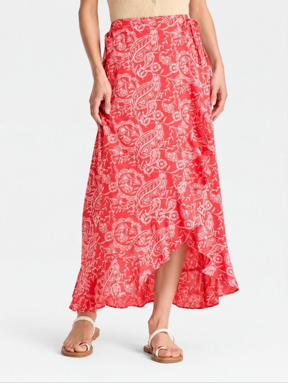 Universal Thread Red Paisley Ruffle Faux Wrap Maxi Skirt NWT Size L